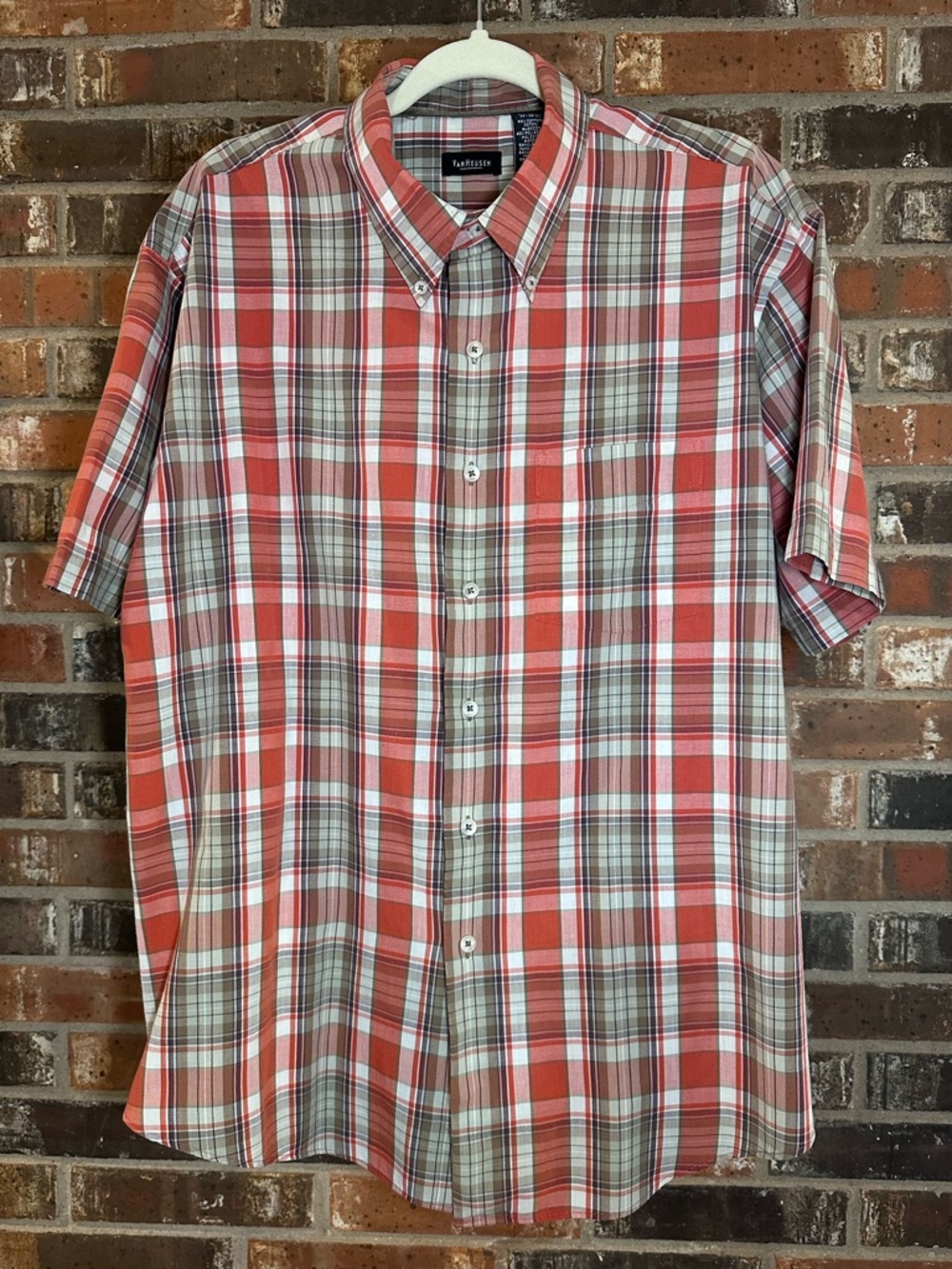 Van Heusen Short-Sleeve Orange and White Plaid Button-Down Shirt